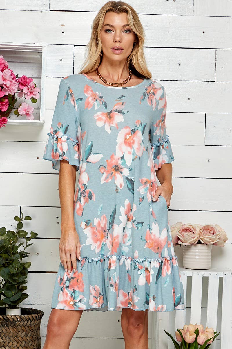 Women Floral Soft Midi Dress w/Ruffle