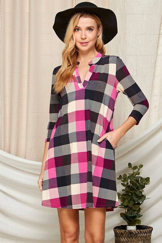 Women Band Collar Mini Pocket Dress