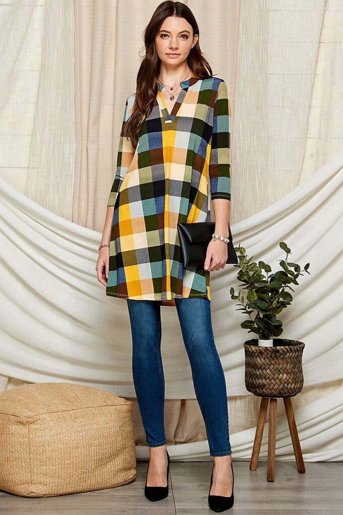 Women Band Collar Mini Pocket Dress