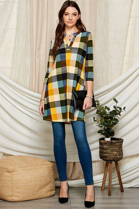 Women Band Collar Mini Pocket Dress