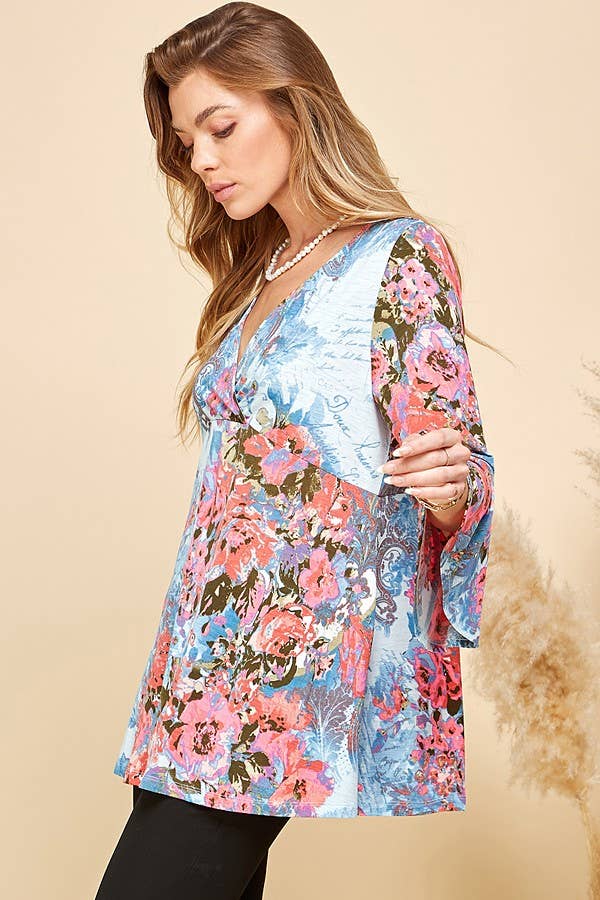 Women Floral Print 3/4 Sleeve Tunic Top