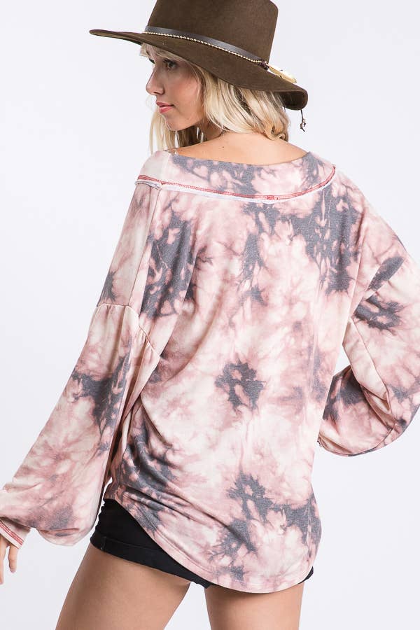 Loose Fitting Tie Dye V neck Balloon Long Sleeve Top T3472