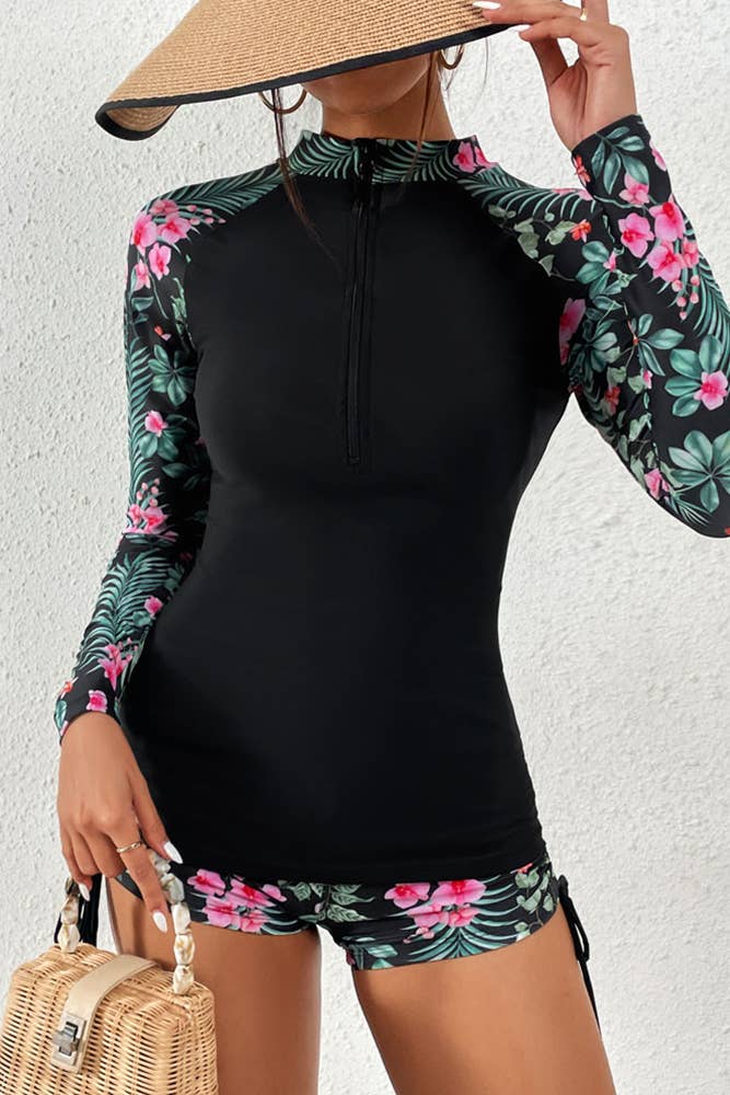 Zipper Down Floral Print Sleeves Rushguard 2pcs Set ZZKF636