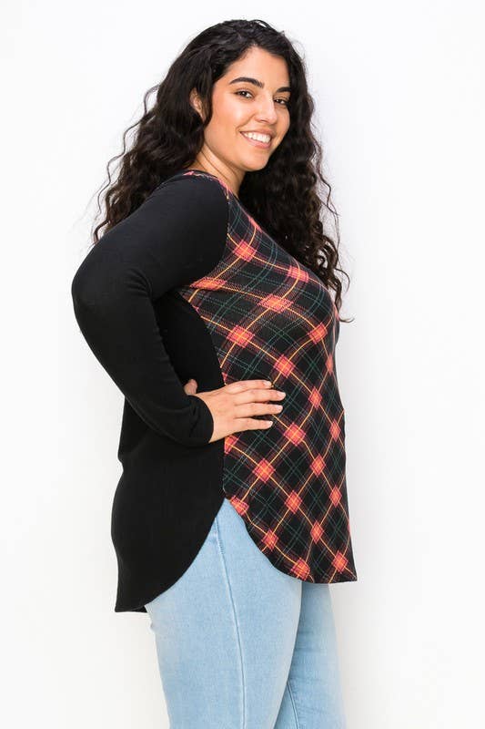 Plus Size Plaid Back Detail V Neck Top