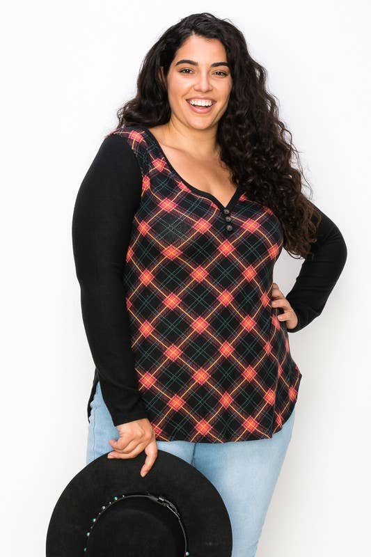 Plus Size Plaid Back Detail V Neck Top