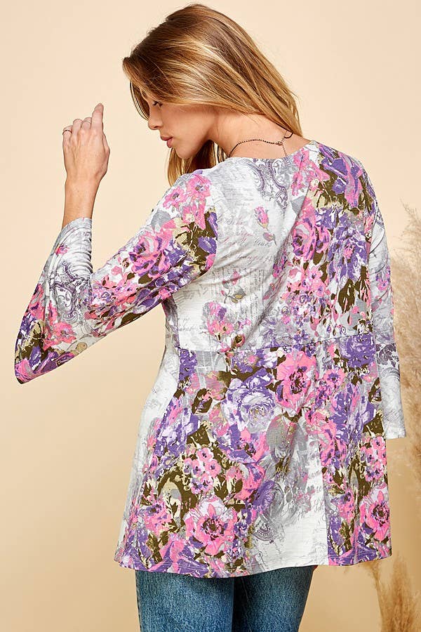 Women Floral Print 3/4 Sleeve Tunic Top