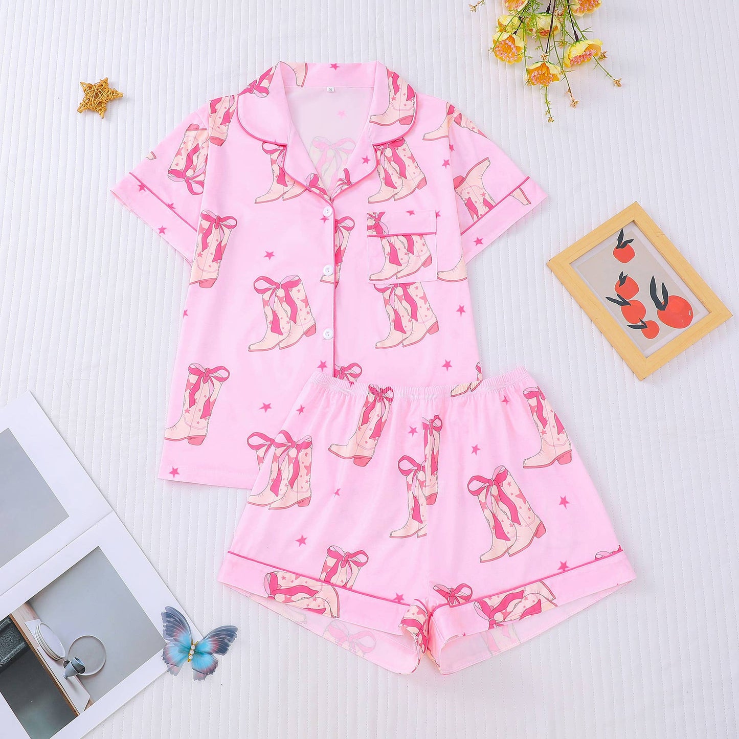 Western cowgirl Boots Coquette Bow print pajama shorts set