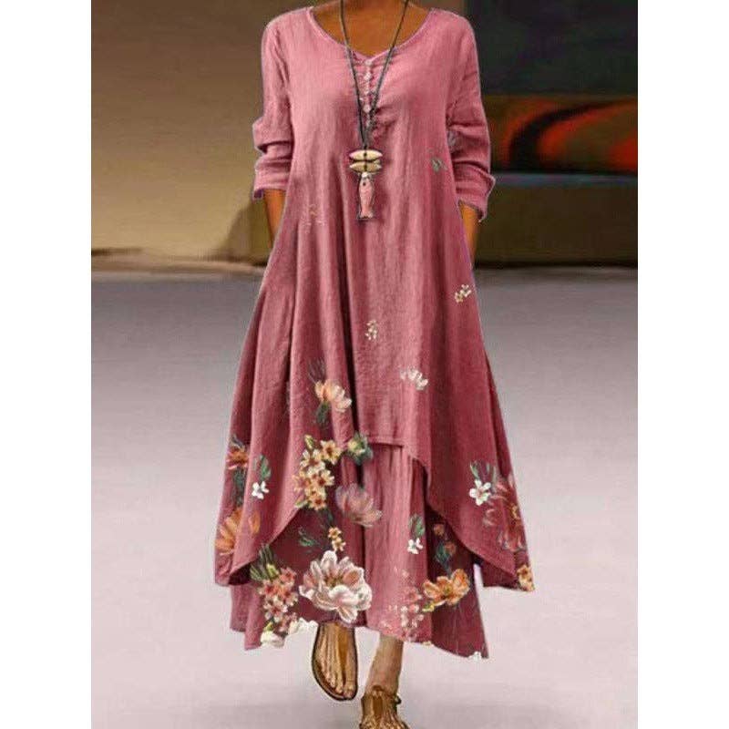 Fashion Boho Floral Printed Long Sleeve Women Irregular Hem Maxi Loose Dress