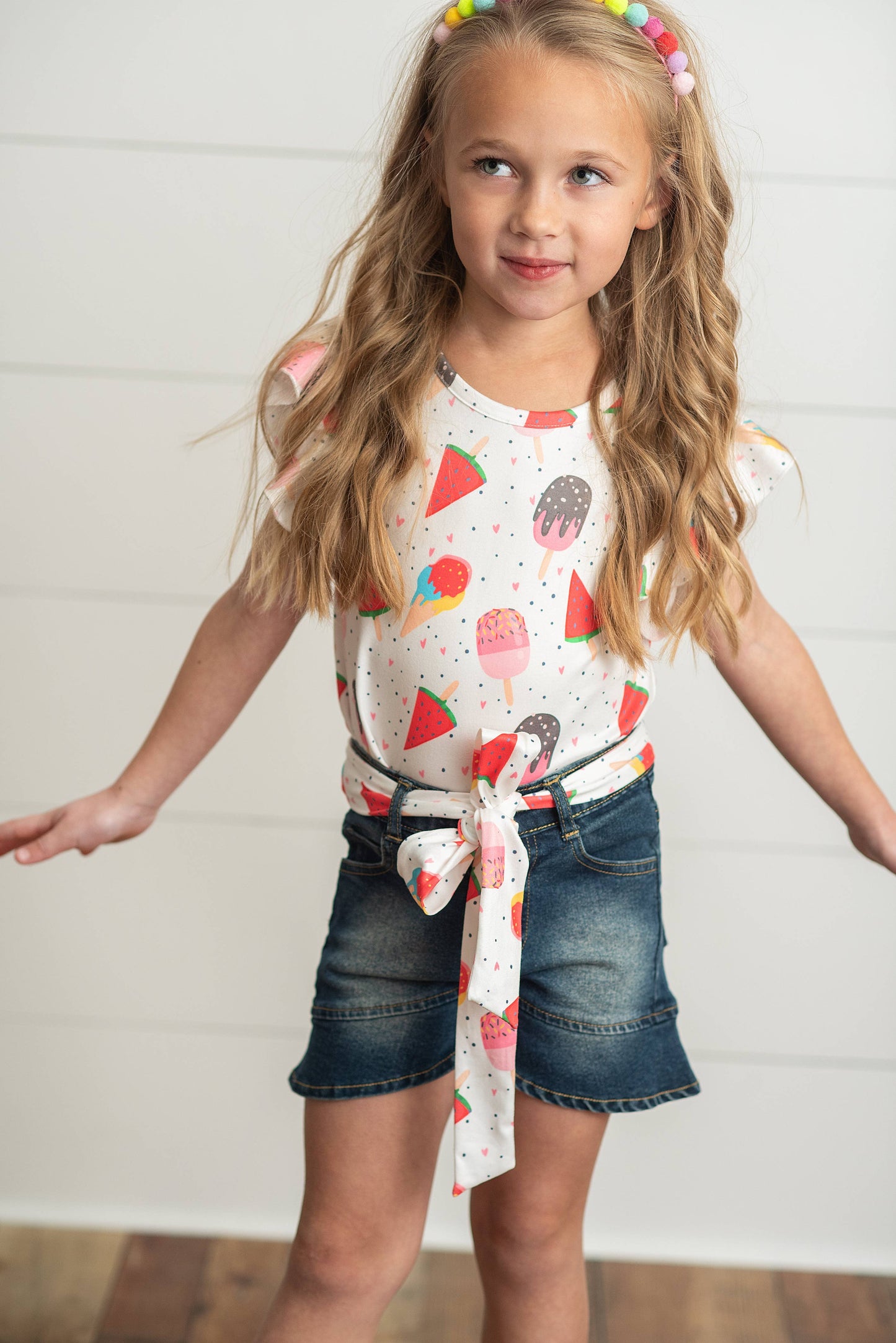 Kids Ice Cream Popsicle Flutter Top and Denim Short Set