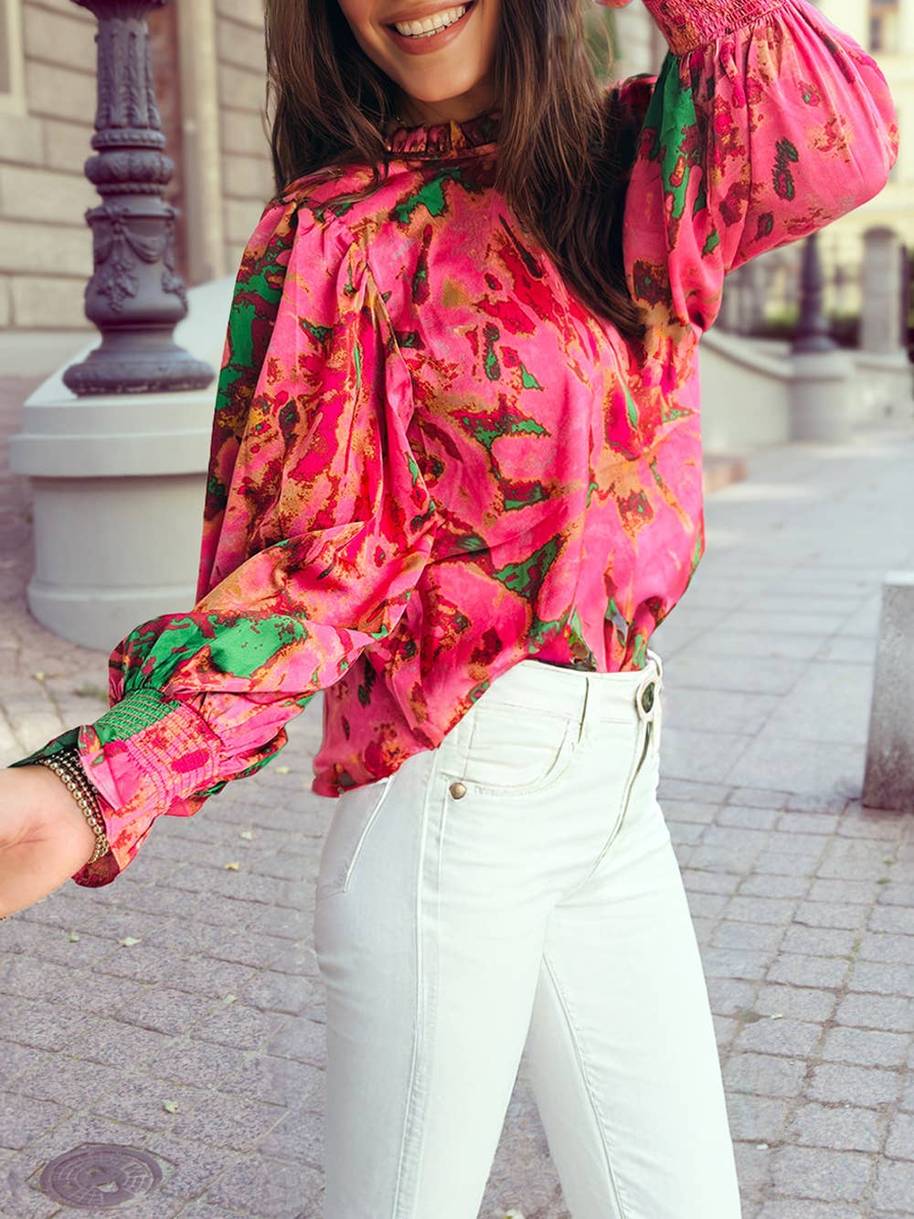 Abstract Print Frilly Neckline Long Sleeve Blouse
