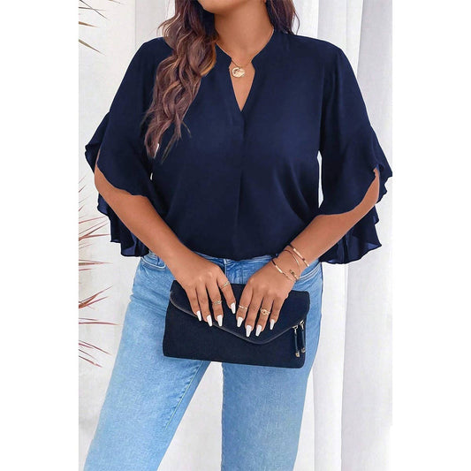 Plus V-Neck Ruffle Half Sleeves Loose Blouse