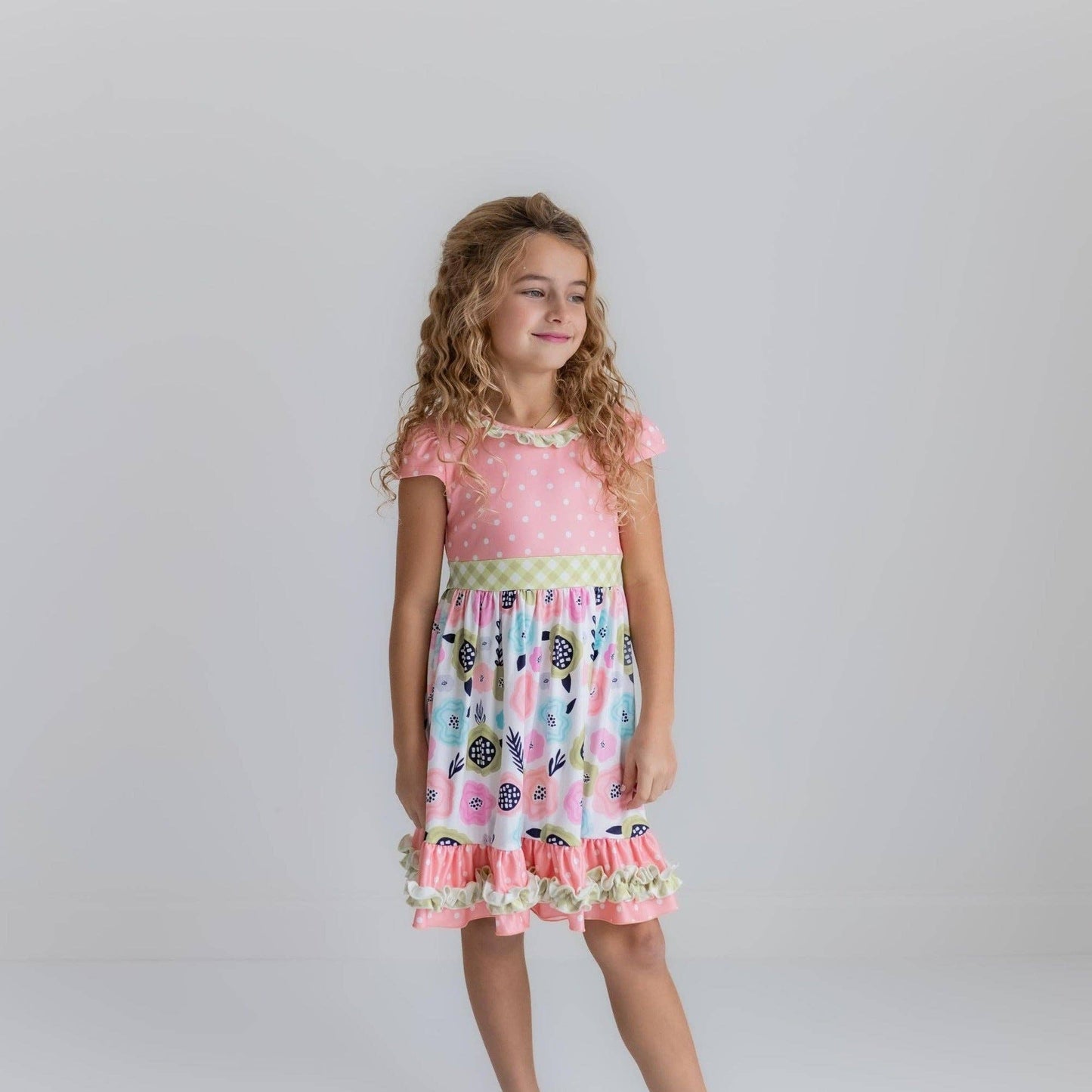 Kids Peach & Green Floral Gingham Summer Ruffle Dress