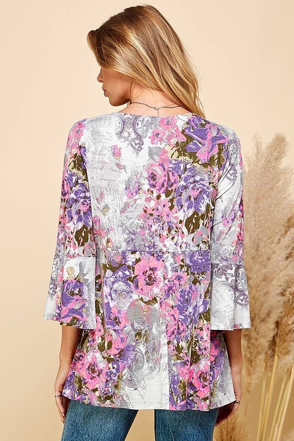 Women Floral Print 3/4 Sleeve Tunic Top