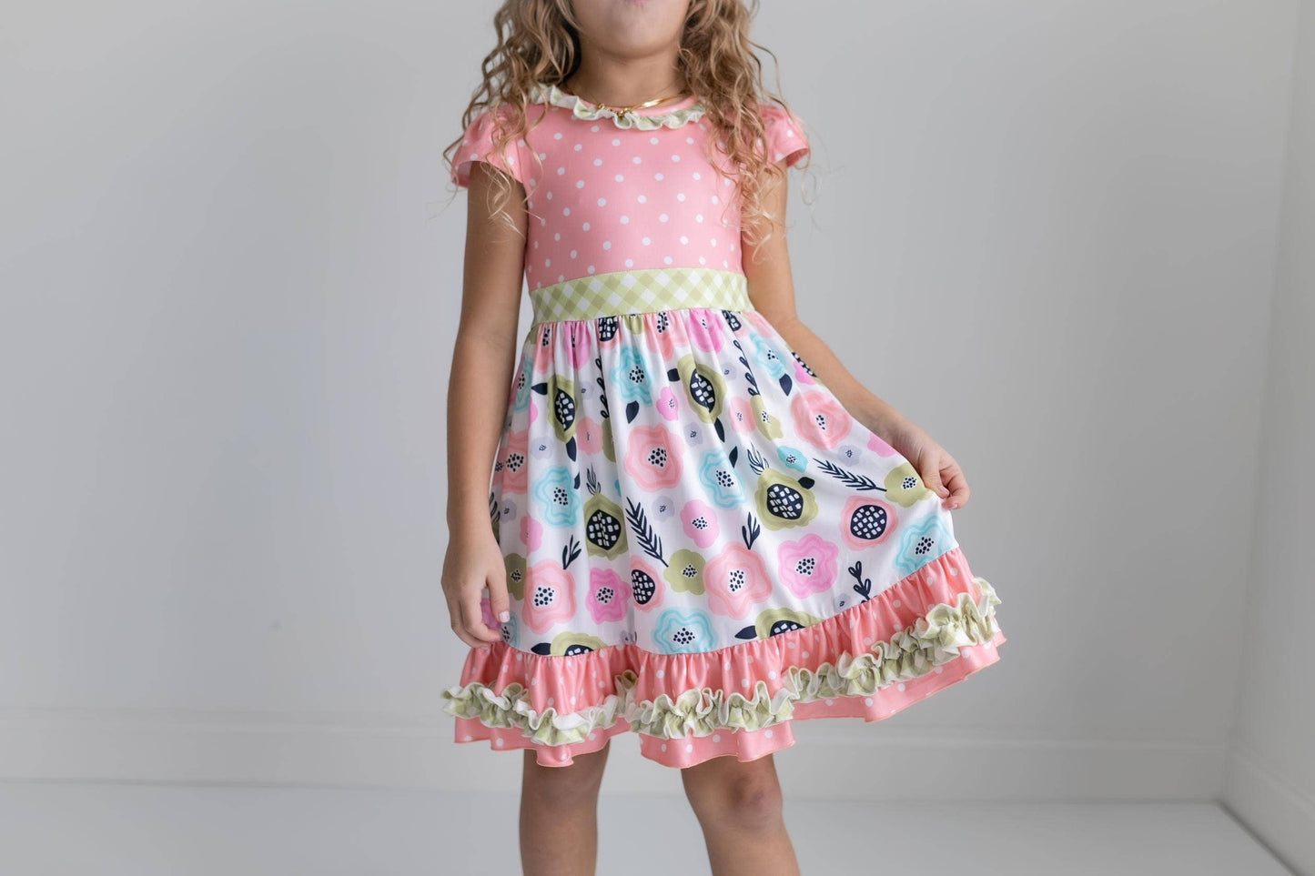 Kids Peach & Green Floral Gingham Summer Ruffle Dress