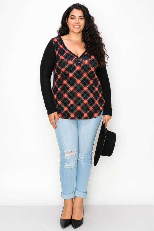 Plus Size Plaid Back Detail V Neck Top