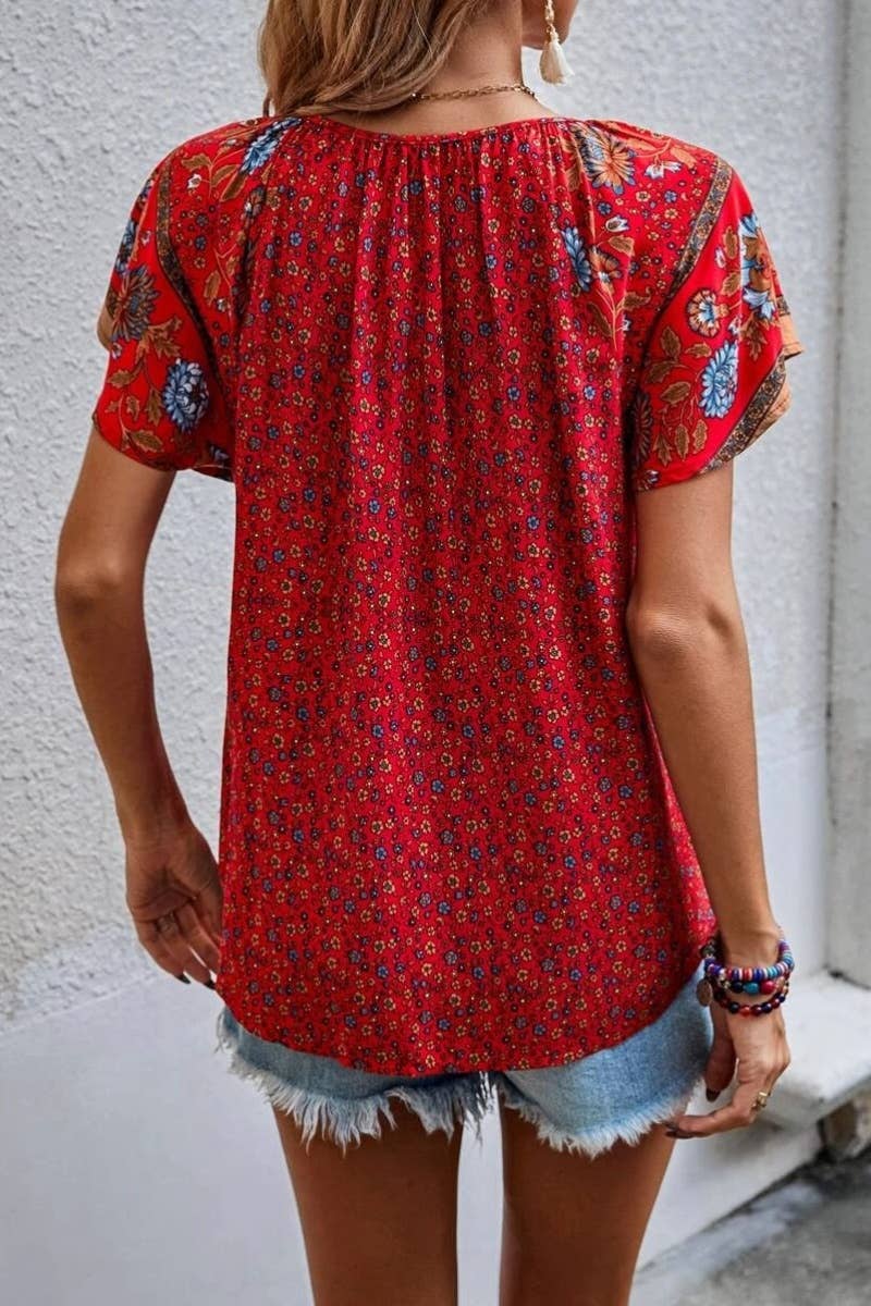 CASUAL BOHO V-NECK SHORT-SLEEVED SHIRT TOP