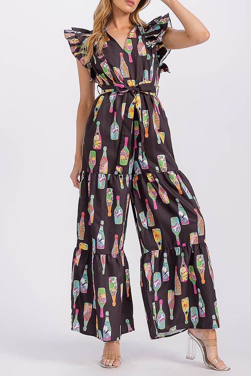 Printed Ruffle Sleeve Self-Tie Wide Leg Jumpsuit