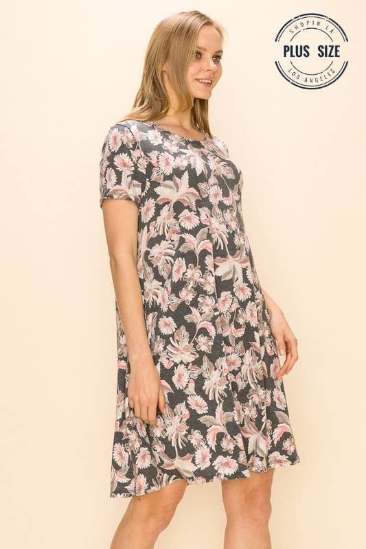 Plus Floral Print Soft Mini Simple Dress