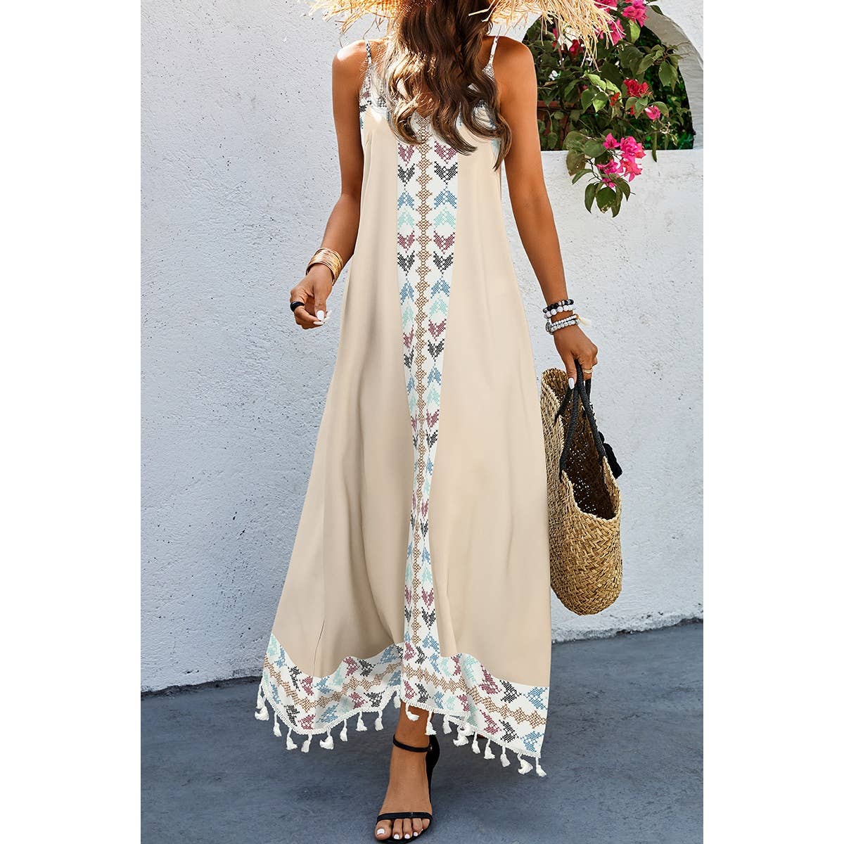 Asymmetric Hem Tassel Sleeveless Print Full Dress