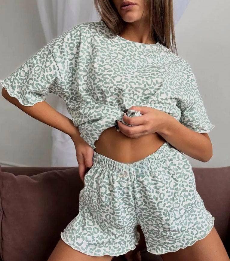 Leopard shorts pajamas 2pcs loungewear set