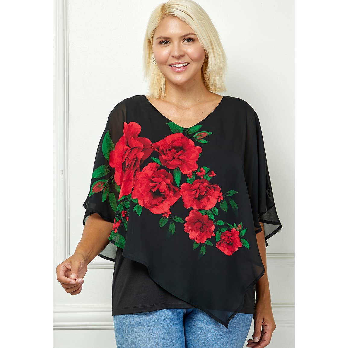 PLUS SIZE BLOOMING ELEGANCE PONCHO BLOUSE