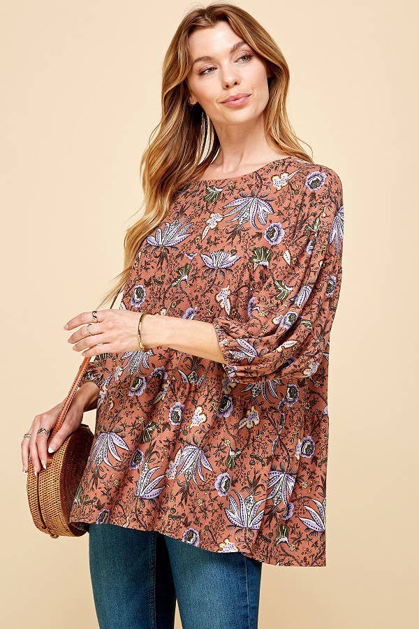 Vintage Floral Print Long Sleeve Top w/Elastic