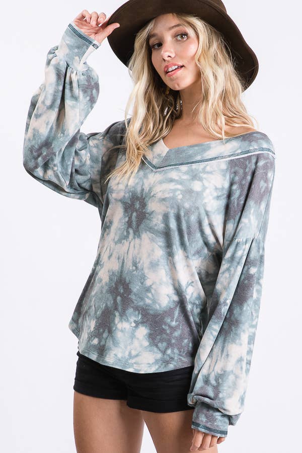 Loose Fitting Tie Dye V neck Balloon Long Sleeve Top T3472