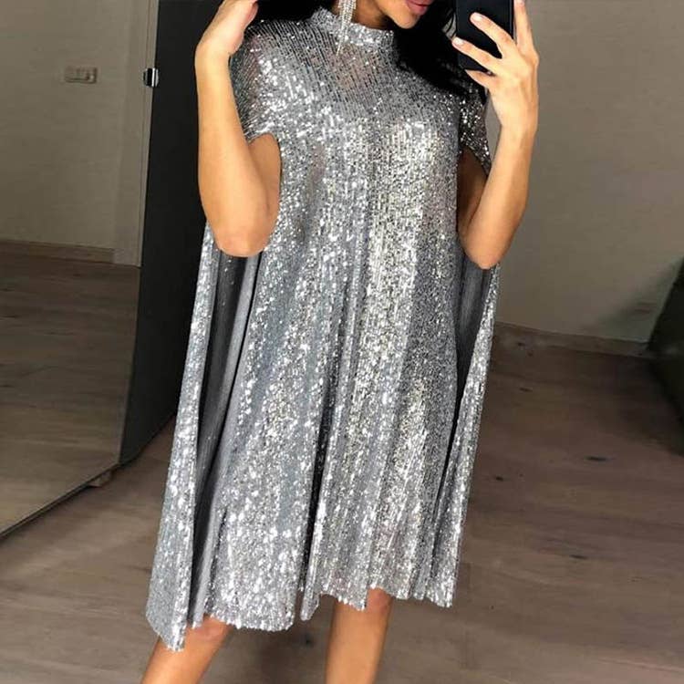 Sequin cape sleeve midi formal dress