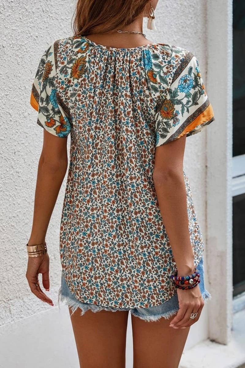 CASUAL BOHO V-NECK SHORT-SLEEVED SHIRT TOP