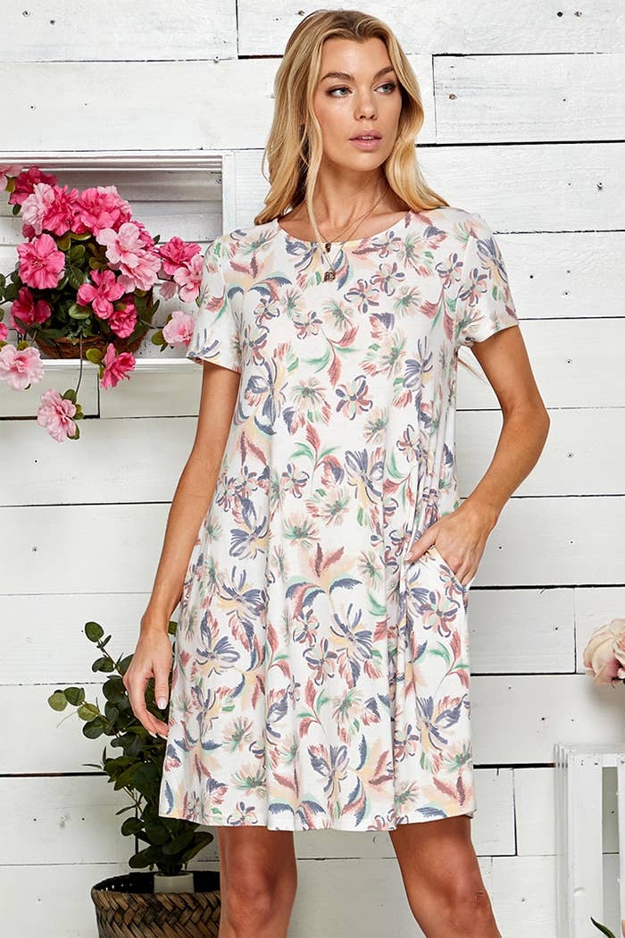 Plus Floral Print Soft Mini Simple Dress