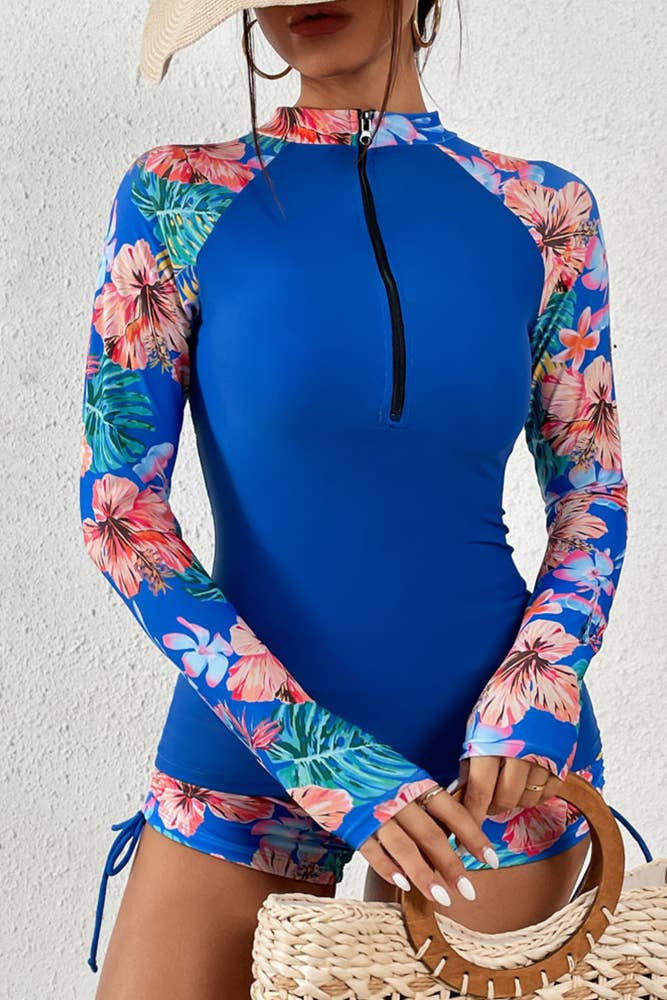 Zipper Down Floral Print Sleeves Rushguard 2pcs Set ZZKF636