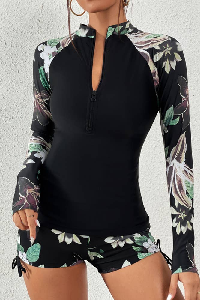 Zipper Down Floral Print Sleeves Rushguard 2pcs Set ZZKF636