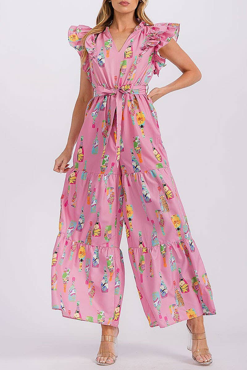 Printed Ruffle Sleeve Self-Tie Wide Leg Jumpsuit