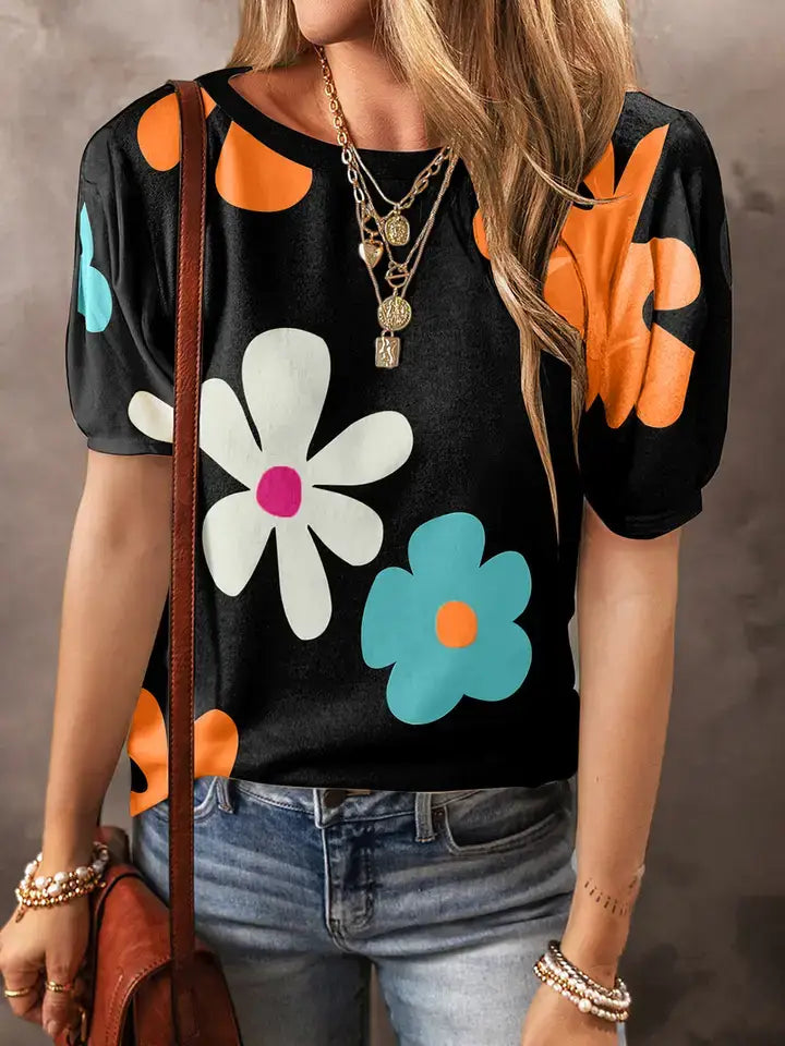 Colorful Floral Print Bubble Sleeve T-Shirt