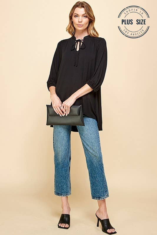 Plus Solid Collar Band Wrap Top With Tie