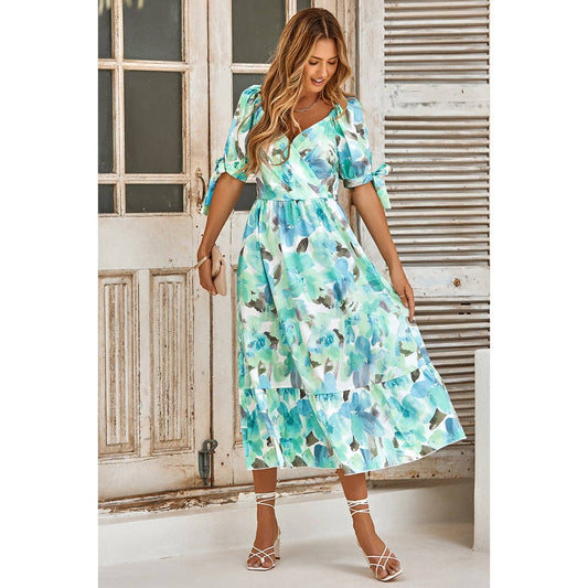 Floral Paint Short Sleeve Tie Cuff Surplice Neck Dress