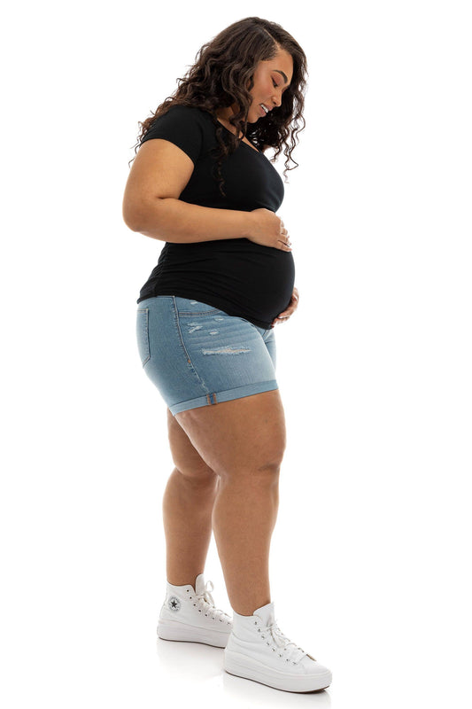 Maternity Plus Roll Cuff Jean Shorts w/ Bellyband in Ines