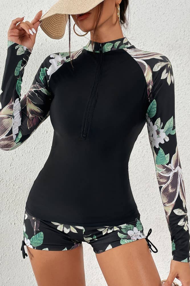 Zipper Down Floral Print Sleeves Rushguard 2pcs Set ZZKF636
