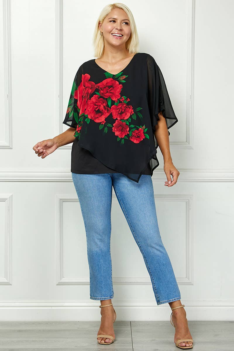 PLUS SIZE BLOOMING ELEGANCE PONCHO BLOUSE