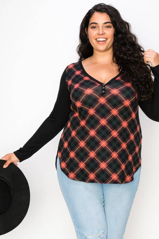 Plus Size Plaid Back Detail V Neck Top