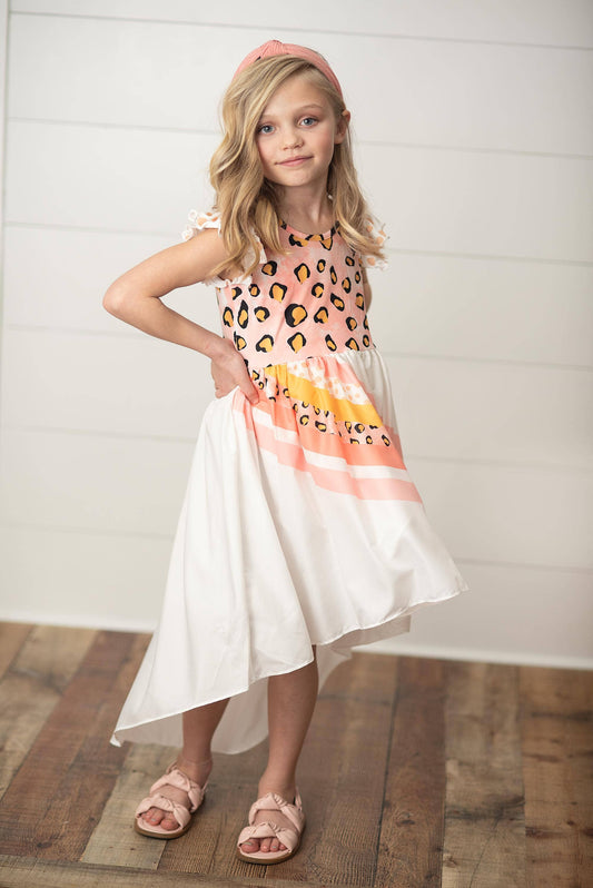 Kids Pink Leopard Short Sleeve Rainbow Summer Dress