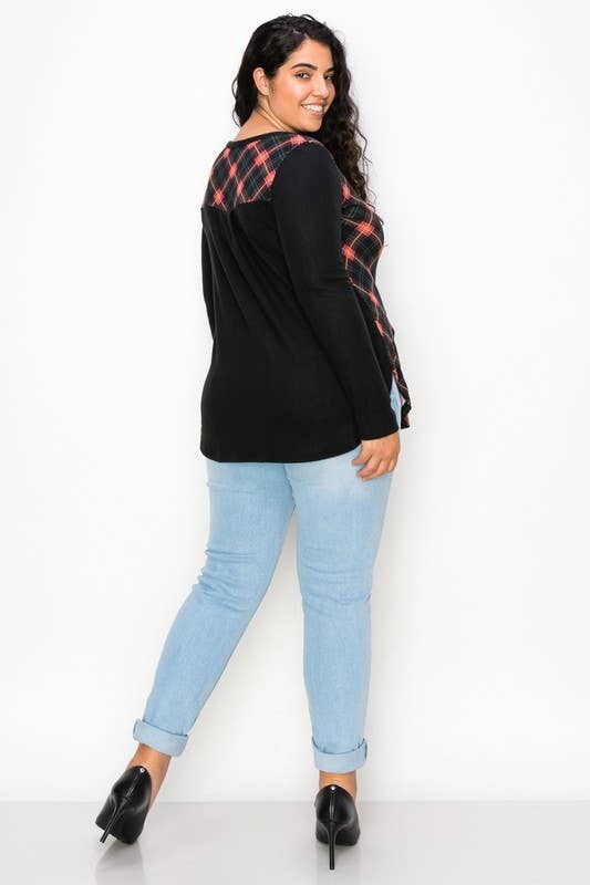 Plus Size Plaid Back Detail V Neck Top