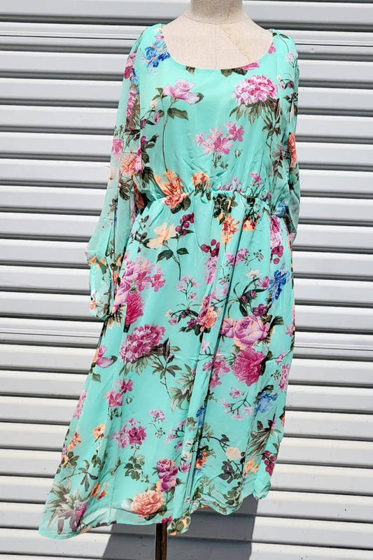 VD5937K - WOMEN FLORAL PRINT ELASTIC WAIST MIDI DRESS