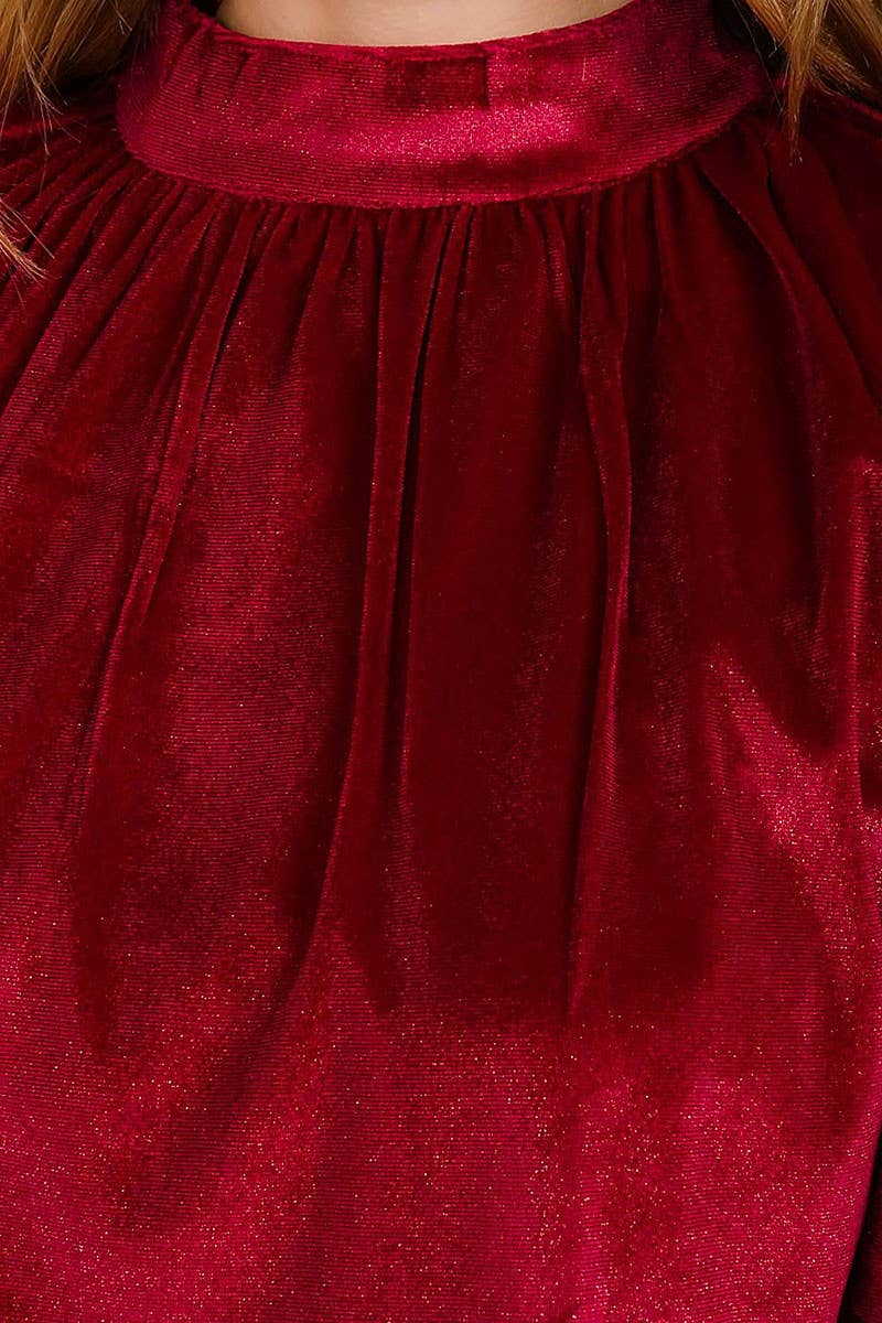 SOLID VELVET MOCK NECK SHORT SLEEVE BLOUSE TOP