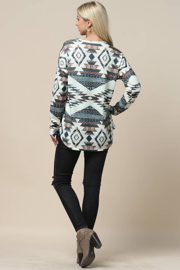 Aztec Print Cross V Neck Hacci Top - Ronnie