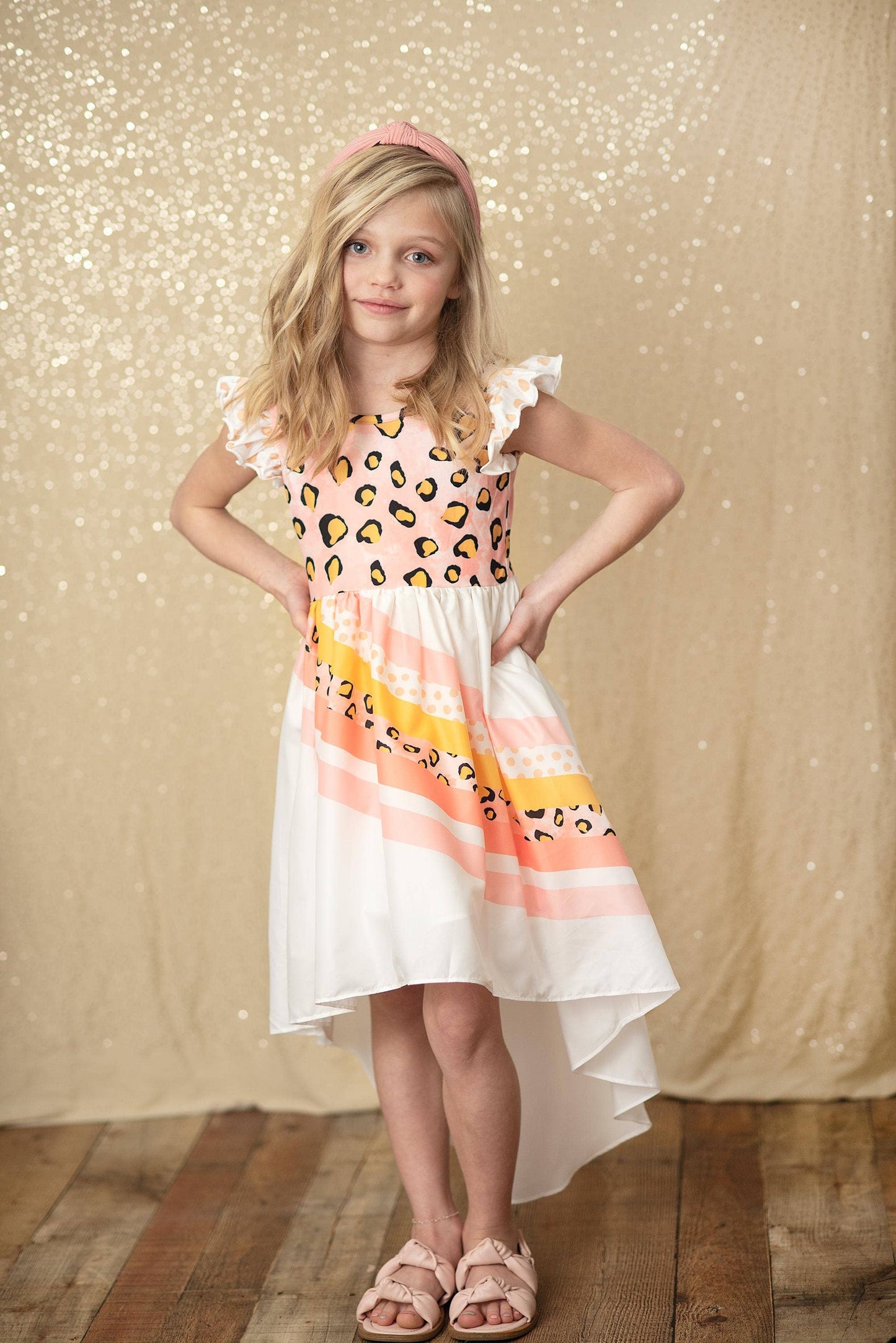 Kids Pink Leopard Short Sleeve Rainbow Summer Dress