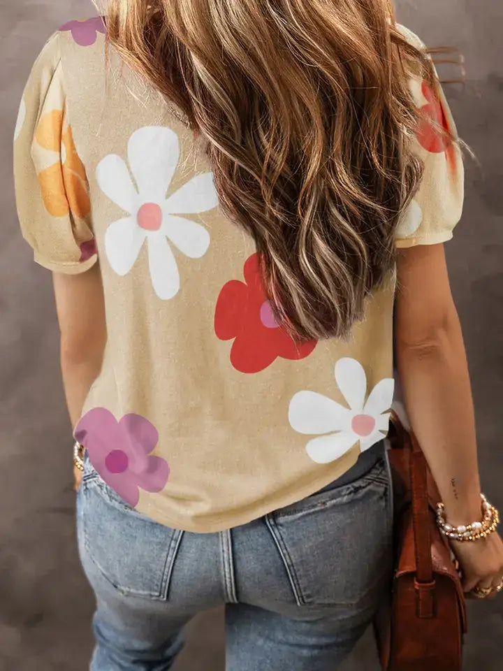 Colorful Floral Print Bubble Sleeve T-Shirt