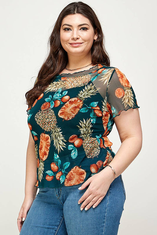 Plus Size Top Pineapple Print Mesh Tee