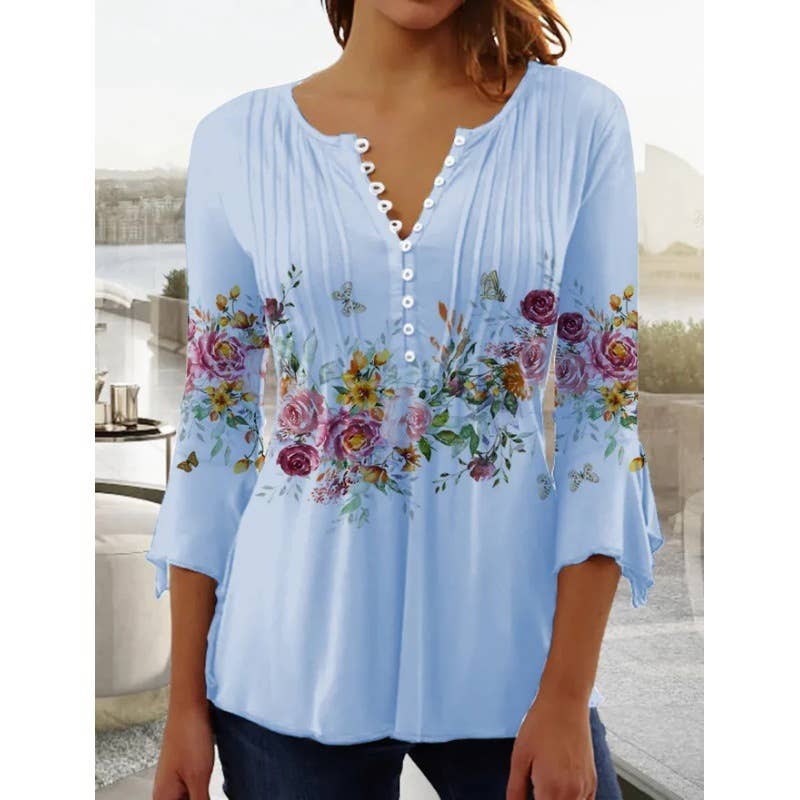 Floral Print V-Neck Short-Sleeved T-Shirt