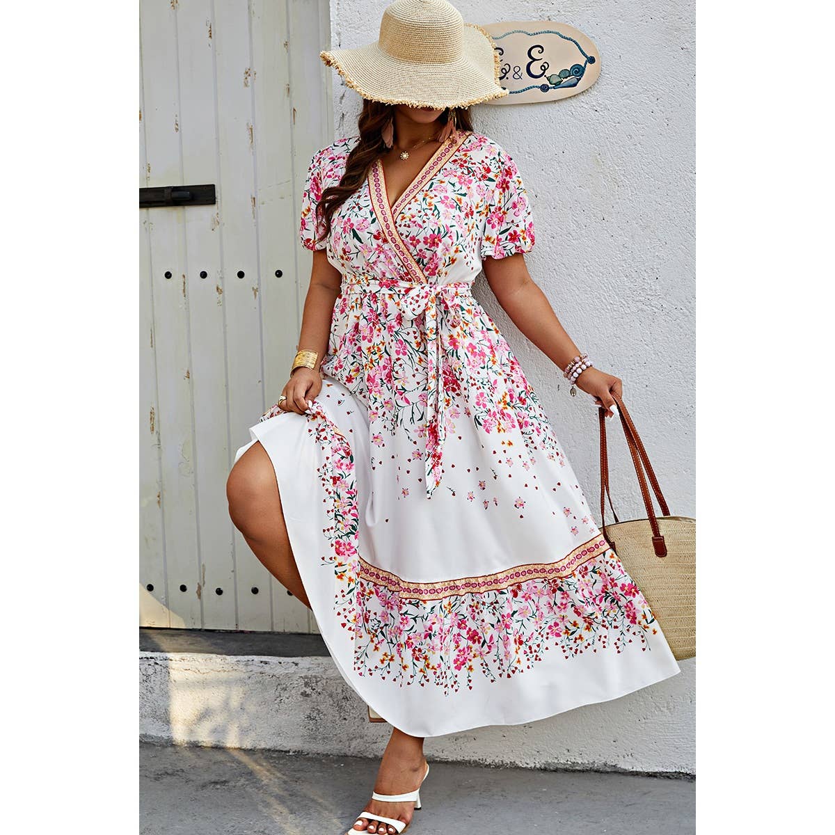 Plus Floral Print Wrap Ruffle Belt Knot Dress